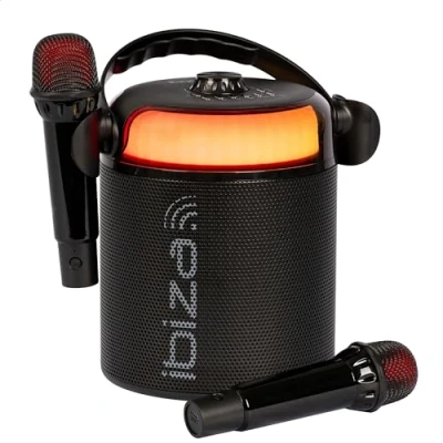 Immagine di Ibiza KARAHOME BK Sistema di altoparlanti KARAOKE a batteria con due microfoni wireless (alimentazione batteria) Bluetooth, USB, MicroSD, AUX e COAX Nero