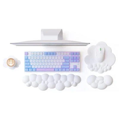 Immagine di Attack Shark Set Poggiapolsi a Forma di Nuvola con Sottobicchiere, Supporto per Polso del Mouse, Base Antiscivolo, Ergonomico, Accessorio da Scrivania Tastiera, Giochi, Ufficio, Casa Bianco