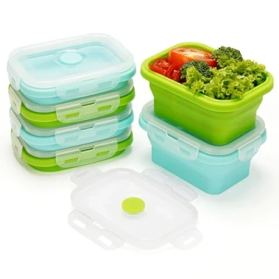 Immagine di Kurtzy 6 Pezzi Contenitori Pieghevoli Per Alimenti in Silicone con Coperchio Porta Pranzo Impilabili da 350 ml Contenitore Ermetico Riutilizzabile Senza BPA Microonde, Lavastoviglie, Freezer