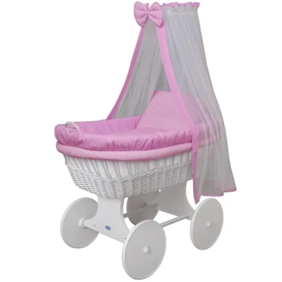 Immagine di WALDIN Culla con cappotta,Culla ruote XXL,IN 18 VARIANTI,telaio/ruote laccato in bianco,colore tessile rosa/a quadri