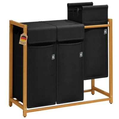 Immagine di AdelDream cesto per il bucato classificatore i vestiti con 3 scomparti sporco removibile raccoglitore di oggetti portabiancheria in bambù 150L nero 12 5