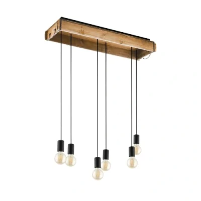 Immagine di Eglo lampada a sospensione Wootton, 6 luci vintage, luce in legno marrone e metallo nero, presa E27, L x 81 cm