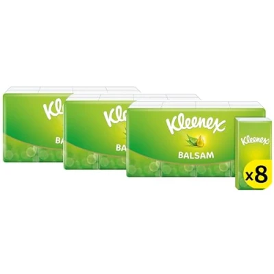 Immagine di Kleenex balsamo in pratica confezione tascabile, fazzoletti per proteggere e lenire il naso quando hai un freddo con aloe vera, vitamina calendula, da 24