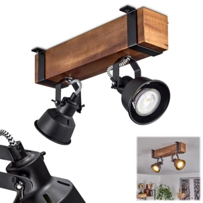 Immagine di plafoniera Safari, moderna lampada da soffitto in metallo/legno, colore nero/marrone scuro, dal design industriale con schermi regolabili, 2 luci, lampadine GU10 senza lampadina