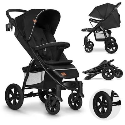 Immagine di LIONELO Annet passeggino fino a 22 kg con funzione reclinabile, piccolo pieghevole accessori, ruote in schiuma Eva, zanzariera, supporto per bevande, cestino (Black Carbon, Tour)