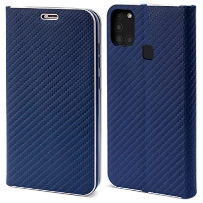Immagine di Moozy Custodia a Libro per Samsung A21s, Carbonio Blu Scuro Protezione dei Bordi Metallici Flip Cover Portafoglio con Appoggio e Porta Carte
