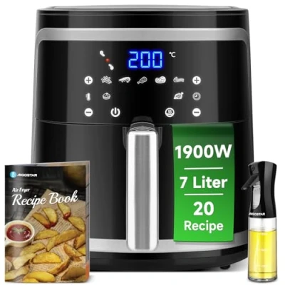 Immagine di Aigostar 30IBT Friggitrice ad Aria XXL,1900W, 7L, Air Fryer Senza Olio con 7 Scelte Già Programmate, Pannello Touch a Led, Cestello Removibile anti Aderente, Mantenimento Calore, 20 Ricette, Nero