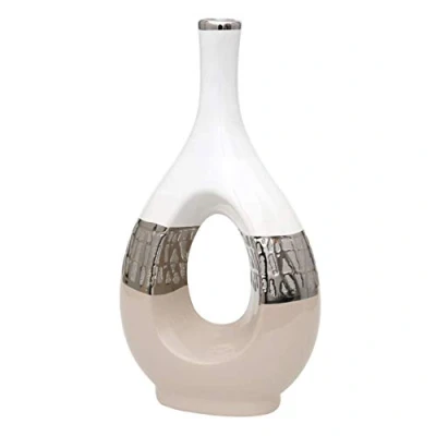 Immagine di Dekohelden24 vaso decorativo moderno in ceramica ovale con foro cappuccino/argento/bianco, dimensioni: 18 x 9 33,5 cm, 213103, cm