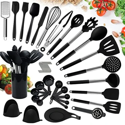 Immagine di TAVADA Set di Utensili da Cucina in Silicone,49 Pezzi Resistente al Calore Antiaderenti, con Spatola/Cucchiaio/Frusta/Pennello/Mestolo Nero