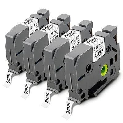 Immagine di Pristar 9mm Compatibile Nastri per Etichette Brother TZe 121 TZe121 TZ Nero su Trasparente Nastro PT D400 D400VP H105 1010 H108 1000 H110 D210 H200 E100VP H500