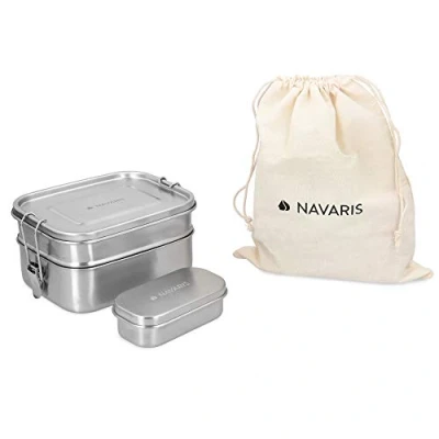 Immagine di Navaris Lunch Box Porta Pranzo Acciaio Inox 18x13x9cm Portapranzo 3X Scomparti Alimenti Riscaldabile Ermetico Borsa Inclusa