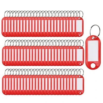 Immagine di 100 etichette portachiavi in plastica per chiavi, identificative, nome, identificative bagagli, con etichette, ad anello diviso, colore: rosso