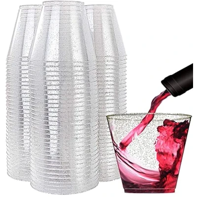 Immagine di KAHEIGN 60Pz Bicchieri di Plastica con Glitter Argento, 270ml Tazze da Dessert Rotonde Tazza Trasparente per Antipasto Semifreddo Portata Riutilizzabili Bere Whisky Jello (7 x 8,5cm)