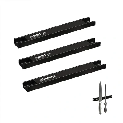 Immagine di Relaxdays Set da 3 Barra Magnetica, Striscia Lunga 20 cm, Appendi Utensili e Coltelli Acciaio Inox, Guida a Parete, Nero