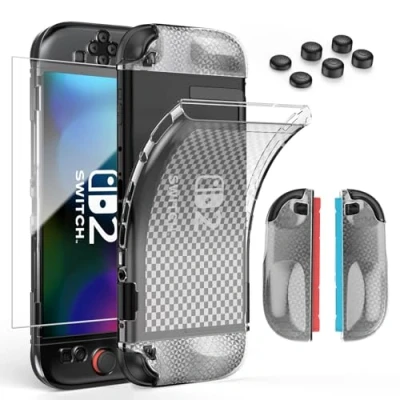 Immagine di HEYSTOP Switch 2 Custodia per Nintendo Clear Soft TPU Cover Protettiva Grip con Una Protezione Lo Schermo in Vetro Temperato e 6 Cappucci Levette