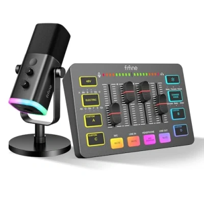 Immagine di FIFINE XLR Streaming Microfono Dinamico per Podcasting, Mixer Audio PC con Interfaccia (AM8 + SC3)