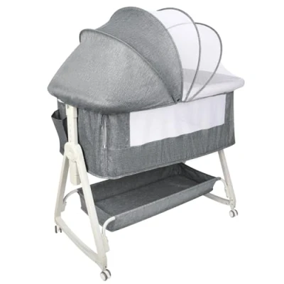Immagine di HUOLE Culla Fianco Letto, Lettino co sleeping per Neonati con Comodo Materasso, Regolabile in 4 Posizioni di Altezza, Neonato, Cestello Portaoggetti e Zanzariera grigio lino