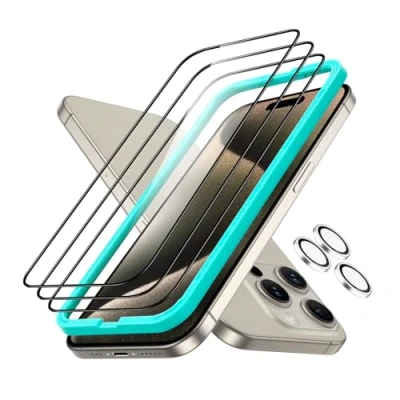 Immagine di ESR 3+1 Armorite Vetro per iPhone 15 PRO Max, 3 Pezzi, Pellicola Temperato Ultraresistente, e 1 di Fotocamera individuali Le Lenti, Telaio Installazione, Durezza 9H