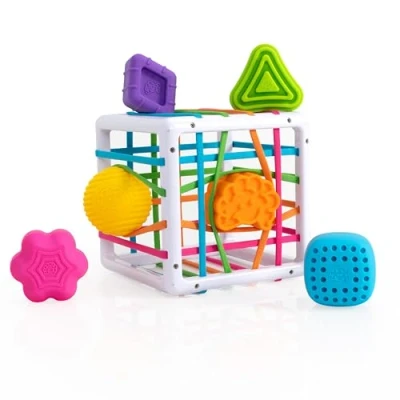 Immagine di Fat Brain Toys InnyBin, cubo sensoriale educativo con 6 Forme Colorate da Inserire tra Gli Elastici a diversa Trama, sviluppa Causa e Effetto, Le abilità motorie Il Senso Logico, Adatto dai 10 Mesi