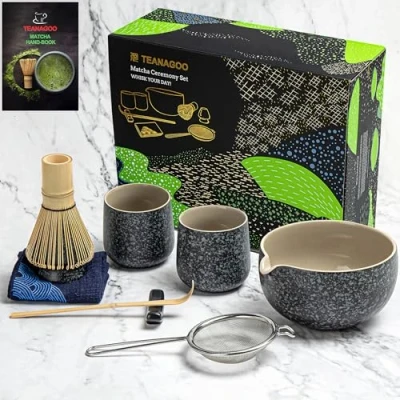 Immagine di TEANAGOO Matcha set Whisk Bowl with Pouring Spout Scoop Holder Tea Making Kit. 1 da tè giapponese (7 pezzi) + 2 tazze (7,2 oz), S1, grigio antracite