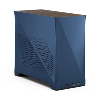 Immagine di Fractal Design Era 2 ITX PC Case in Midnight Blue Sleek Anodized Aluminum, Solid Walnut Top, Supports 3 Slot GPUs, PCIe 4.0 Riser Cable included