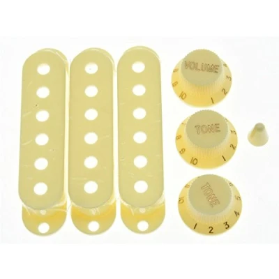 Immagine di KAISH Tappi per pickup ST Strat bianco invecchiato con manopole e tappo a 5 vie