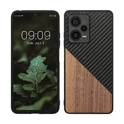 Immagine di kwmobile Cover Compatibile con Xiaomi Redmi Note 12 Pro+ 5G / Pro Plus Custodia in Fibra di Carbonio e Legno Bumper Anti Urto Back Protection marrone scuro/nero
