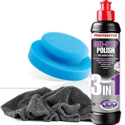 Immagine di detailmate Set lucidante per Auto con Menzerna Medium Cut One Step Polish 3in1 250ml + Spugna lucidatura Realizzata in Germania Ø130mm Panno Microfibra Ultra soffice 1 Guanto Protettivo