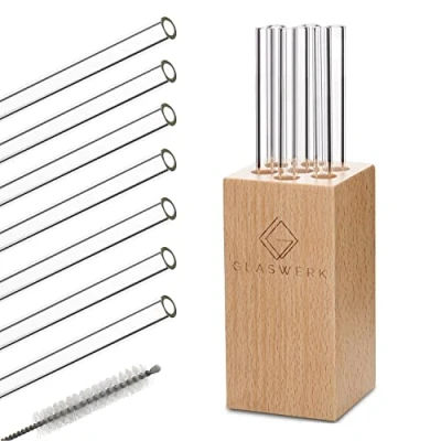 Immagine di GLASWERK Cannucce in Vetro con Elegante Supporto Legno e Spazzola per la Pulizia, Riutilizzabili, Infrangibile Resistente, 7 Pezzi, Lunghezza 15 cm