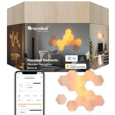 Immagine di Nanoleaf Elements Starter Kit, 13 Esagoni Luminosi Led Effetto Legno Smart Applique da Parete Interno Modulari, Luci Dimmerabile WiFi, Funziona con Alexa, Sincronia Musicale, Decorazioni Casa