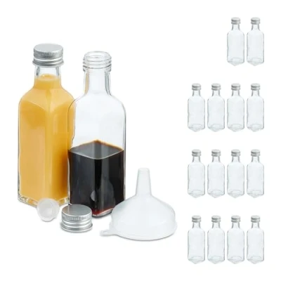 Immagine di Relaxdays Set 16 Bottigliette in Vetro per Bomboniere, Bottiglie da 100 ml, Barattolini con Tappo, Trasparente Argentato, Acciaio Inox