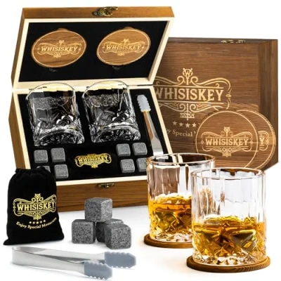 Immagine di WHISISKEY Set Bicchieri da Whisky Regalo Idee Uomo Compleanno Scatola Regalo, 2 x 310ML, 8 Cubetti di Ghiaccio Riutilizzabili, Accessori
