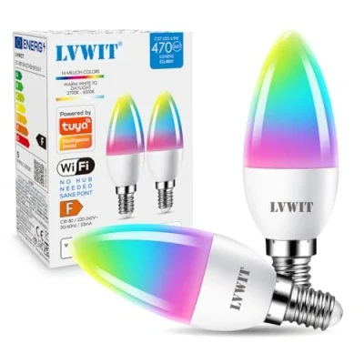 Immagine di LVWIT Lampadina LED Smart Wifi con Attacco E14, 5W Equivalenti a 40W, 470Lm, Compatibile Alexa, Echo and Google Assistant, RGB Intelligente Dimmerabile, Controllo Distanza da App