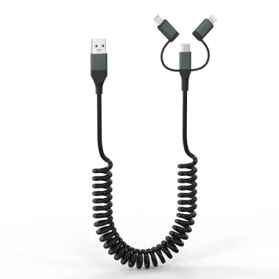 Immagine di 3 in 1 Cavo CarPlay per iPhone 16 15 Pro Max 1.2m，Cavo USB a C Apple e Android Auto，Cavo Spirale iPhone/iPad/Air Pods/Samsung/Android Con Ricarica Rapida Certificazione MFi