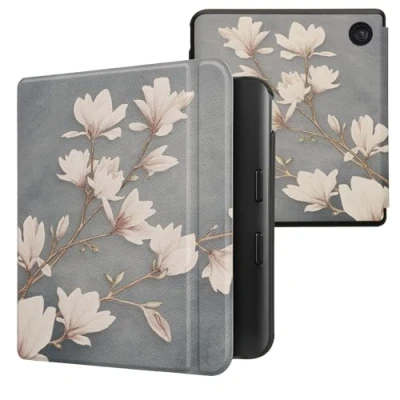 Immagine di kwmobile Custodia eReader Compatibile con Kobo Libra Colour Cover eBook Reader Flip Case marrone grigio/bianco/grigio blu Magnolie