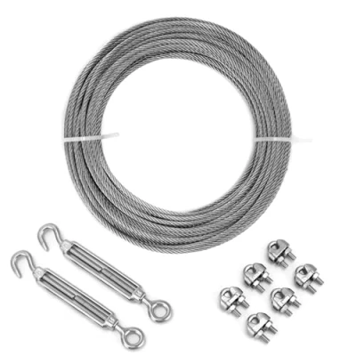 Immagine di QWORK® 20M Cavo Acciaio 3mm, 304 Inossidabile Set, con Tenditori M5, per Sospensioni di Lampade, Recinzioni, Stendibiancheria