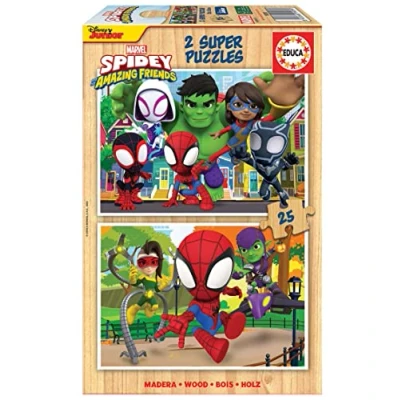 Immagine di Educa puzzle in legno per bambini con 25 pezzi Spidey &amp; His Amazing Friends. Misura: 26 x 18 cm. Set di 2 da ciascuno. Consigliato a partire dagli 4 anni (19289)