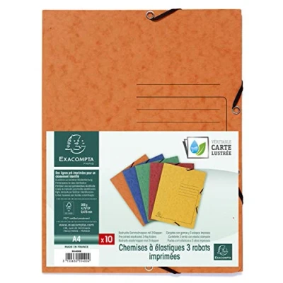 Immagine di Exacompta 55400E Set di 10 cartelle con elastici 3 lembi stampa adi righe sulla copertina per l&#039;identificazione dei documenti in cartoncino lucido 355gm2 A4 blu giallo arancione rosso verde