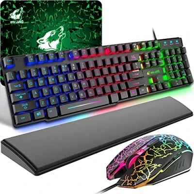 Immagine di Tastiera e Mouse Gaming con Poggiapolsi, USB Cablato Layout Italiano QWERTY Retroilluminato a LED Colore Arcobaleno, 6 Tasti 2400 DPI Tappetino per Giochi PC, Nero