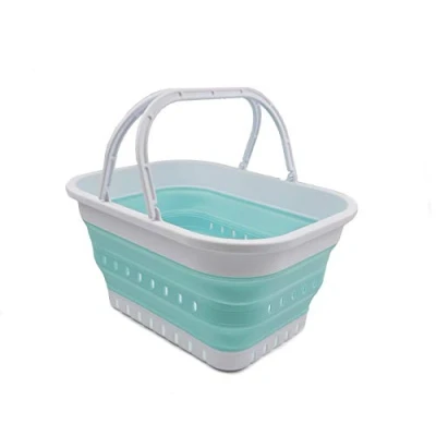 Immagine di SAMMART Vasca pieghevole da 19 litri con manico, cestino portatile picnic all&#039;aperto, borsa per la spesa pieghevole, contenitore salvaspazio (1, bianco/verde lago)