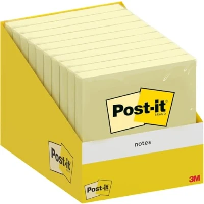 Immagine di Post It Foglietti Adesivi, Giallo Canary, 10 blocchetti, 100 Fogli per blocco, 76 mm x mm, Confezione in Cartoncino, 100% PEFC Appunti, Elenchi &amp; Promemoria