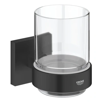 Immagine di GROHE Start Cube QuickFix Bicchiere in cristallo con supporto (vetro e metallo, fissaggio nascosto, viti tasselli), facile da montare QuickGlue, Nero opaco, 410972430