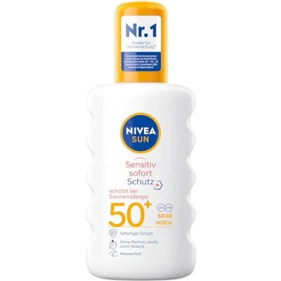 Immagine di NIVEA Sun Sensitiv Protezione immediata spray solare SPF 50+ (200 ml), nutriente per pelli sensibili in caso di allergia al sole, latte come pratico