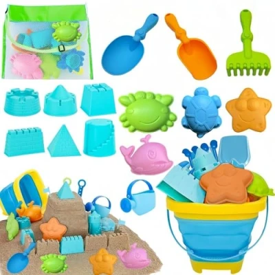 Immagine di FuouYA Giochi Spiaggia Bambini,16 Pezzi Set Giocattoli con Secchiello Pieghevole Spiaggia,Borsa Rete,Pala,Rastrello per Sabbia,Formine Spiaggia,Giochi Bambini