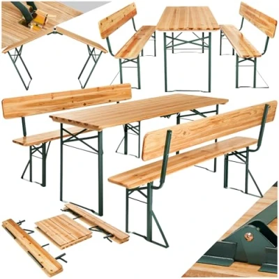 Immagine di TecTake® Set 3 Pezzi da Birreria, Tavolo e Panche Esterno con Comodo Schienale, Struttura in Acciaio, Cerniere Robuste, Giardino Birra 170 x 69 76 cm