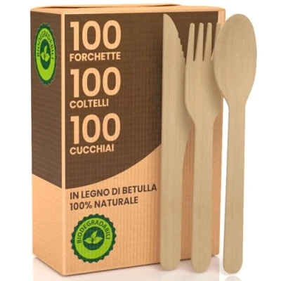 Immagine di Set Posate Ecologiche Monouso in Legno di Betulla 100 Forchette + Coltelli Cucchiai Usa e Getta 100% Naturali Biodegradabili Compostabili