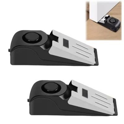 Immagine di Set di 2 fermaporta allarme, 120 dB, forte allarme ingresso portatile, con gomma antiscivolo e cuneo per porte antifurto, sicurezza case residenziali
