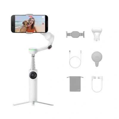 Immagine di Insta360 Flow 2 Pro Pack Creator Bianco Gimbal per smartphone AI, Apple DockKit, modalità di inclinazione libera, treppiede/selfie stick incorporati, adatto a vlog/viaggi, Spotlight e MagSafe.