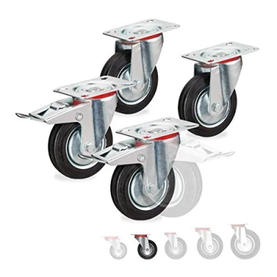 Immagine di relaxdays Ruote Girevoli, Set da 4 Rotelle Piroettanti a 360 con Cuscinetti Sfera, 2 Freni, Resistenti, D:100mm, Nere
