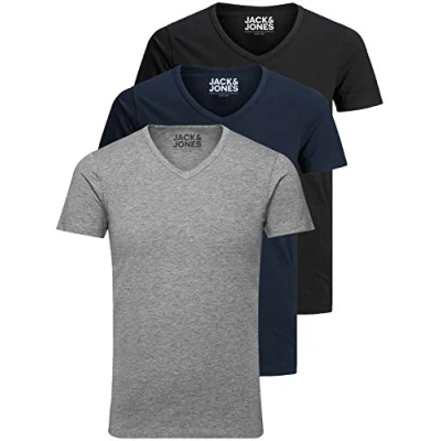 Immagine di Jack and Jones Maglietta da uomo basic con scollo a V, confezione 3, tinta unita, slim fit, in bianco, nero, blu, grigio, L